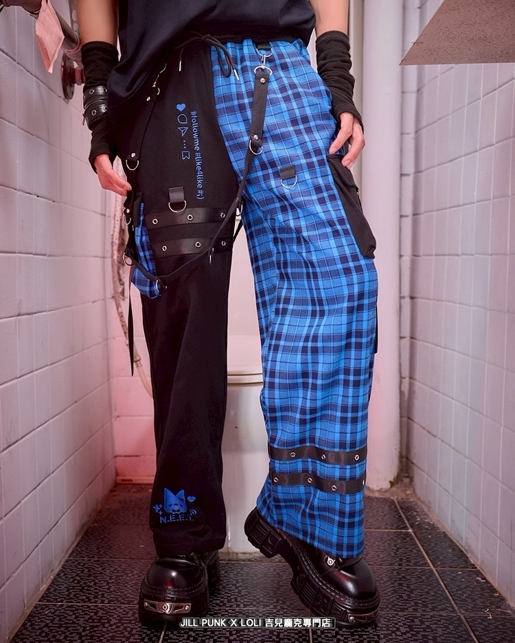 Jillpunk可愛い お宅界隈 アニメ 社交ネコ NEET 自宅警備員 刺繡入り タータンチェック柄 サスペンダー付き ワークポケット ストレートズボン ロングカーゴパンツ オリジナル メンズ レディーズ おしゃれ 男女兼用 ファッション 秋葉系