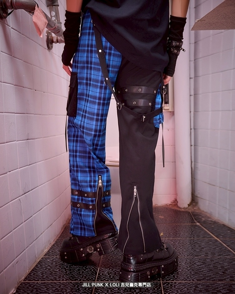 Jillpunk可愛い お宅界隈 アニメ 社交ネコ NEET 自宅警備員 刺繡入り タータンチェック柄 サスペンダー付き ワークポケット ストレートズボン ロングカーゴパンツ オリジナル メンズ レディーズ おしゃれ 男女兼用 ファッション 秋葉系