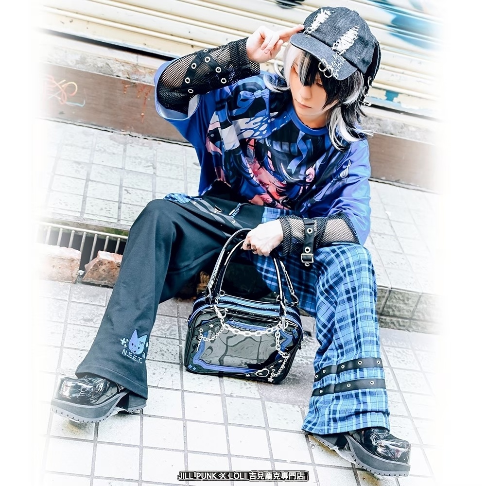 Jillpunk可愛い お宅界隈 アニメ 社交ネコ NEET 自宅警備員 刺繡入り タータンチェック柄 サスペンダー付き ワークポケット ストレートズボン ロングカーゴパンツ オリジナル メンズ レディーズ おしゃれ 男女兼用 ファッション 秋葉系