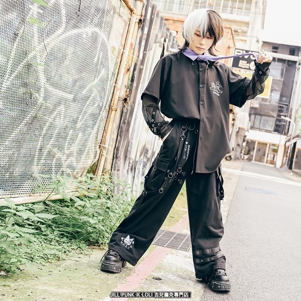 Jillpunk可愛い お宅界隈 アニメ 社交ネコ NEET 自宅警備員 刺繡入り タータンチェック柄 サスペンダー付き ワークポケット ストレートズボン ロングカーゴパンツ オリジナル メンズ レディーズ おしゃれ 男女兼用 ファッション 秋葉系