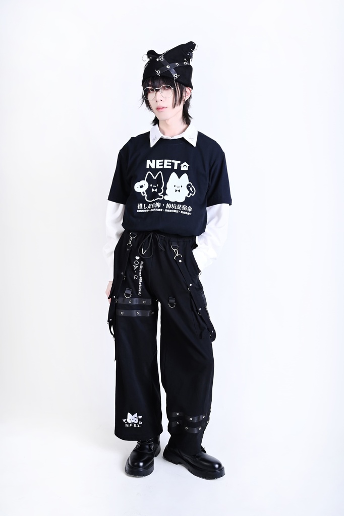 Jillpunk可愛い お宅界隈 アニメ 社交ネコ NEET 自宅警備員 刺繡入り タータンチェック柄 サスペンダー付き ワークポケット ストレートズボン ロングカーゴパンツ オリジナル メンズ レディーズ おしゃれ 男女兼用 ファッション 秋葉系