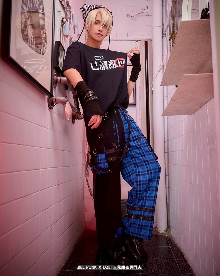 Jillpunk可愛い お宅界隈 アニメ 社交ネコ NEET 自宅警備員 刺繡入り タータンチェック柄 サスペンダー付き ワークポケット ストレートズボン ロングカーゴパンツ オリジナル メンズ レディーズ おしゃれ 男女兼用 ファッション 秋葉系