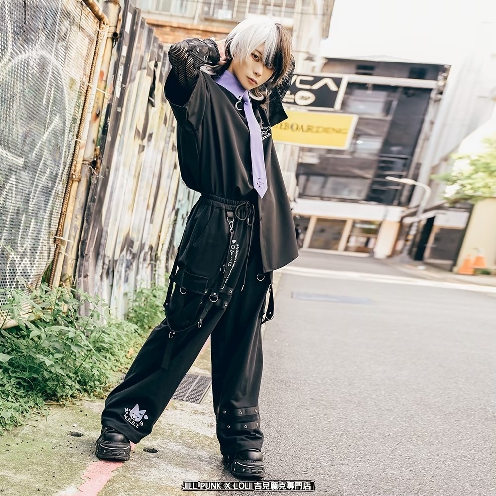 Jillpunk可愛い お宅界隈 アニメ 社交ネコ NEET 自宅警備員 刺繡入り タータンチェック柄 サスペンダー付き ワークポケット ストレートズボン ロングカーゴパンツ オリジナル メンズ レディーズ おしゃれ 男女兼用 ファッション 秋葉系