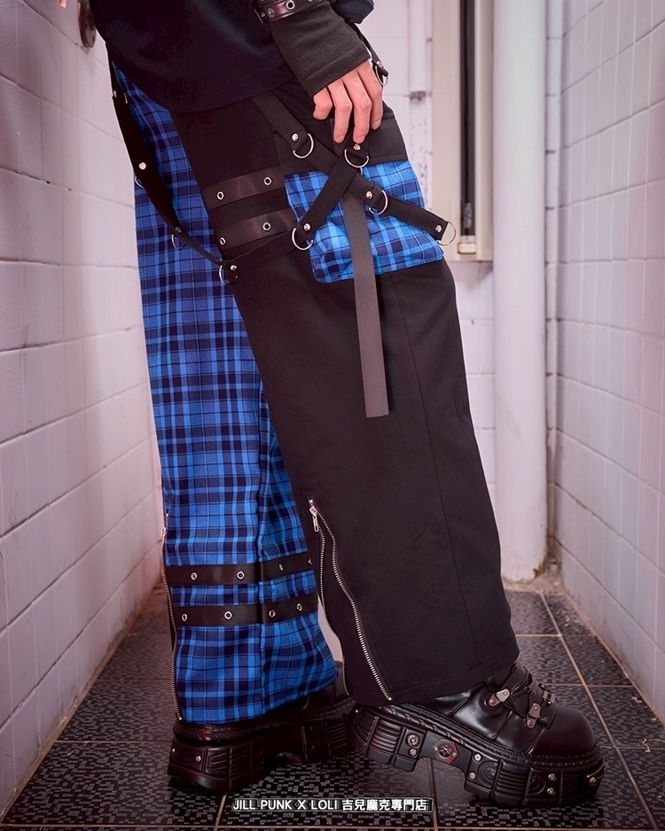 Jillpunk可愛い お宅界隈 アニメ 社交ネコ NEET 自宅警備員 刺繡入り タータンチェック柄 サスペンダー付き ワークポケット ストレートズボン ロングカーゴパンツ オリジナル メンズ レディーズ おしゃれ 男女兼用 ファッション 秋葉系
