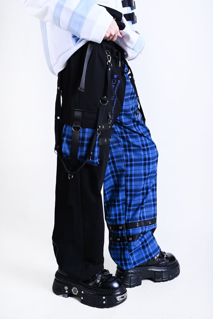 Jillpunk可愛い お宅界隈 アニメ 社交ネコ NEET 自宅警備員 刺繡入り タータンチェック柄 サスペンダー付き ワークポケット ストレートズボン ロングカーゴパンツ オリジナル メンズ レディーズ おしゃれ 男女兼用 ファッション 秋葉系