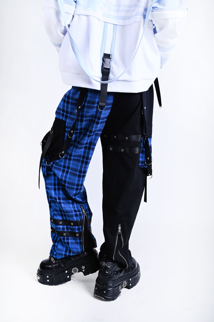 Jillpunk可愛い お宅界隈 アニメ 社交ネコ NEET 自宅警備員 刺繡入り タータンチェック柄 サスペンダー付き ワークポケット ストレートズボン ロングカーゴパンツ オリジナル メンズ レディーズ おしゃれ 男女兼用 ファッション 秋葉系