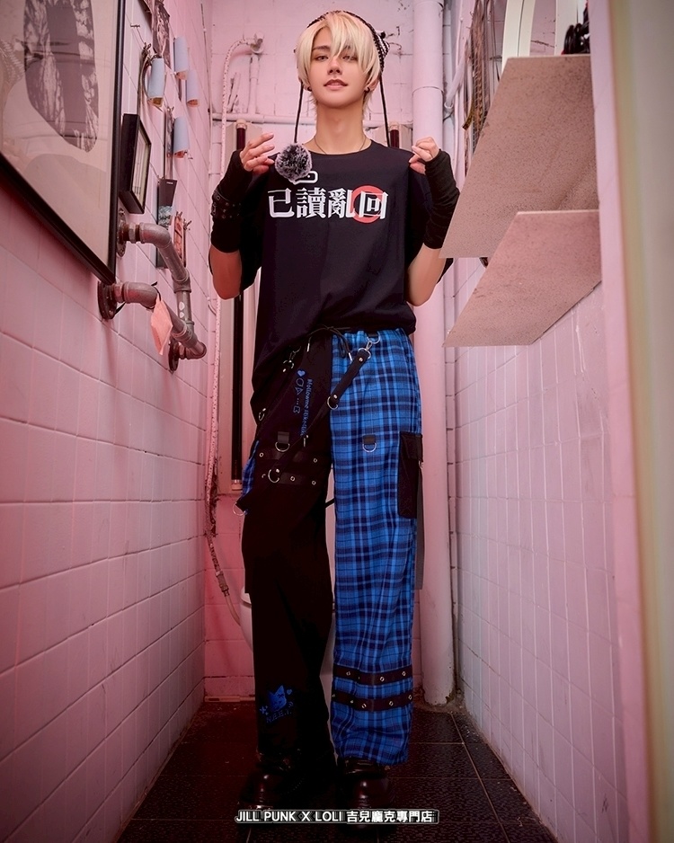 Jillpunk可愛い お宅界隈 アニメ 社交ネコ NEET 自宅警備員 刺繡入り タータンチェック柄 サスペンダー付き ワークポケット ストレートズボン ロングカーゴパンツ オリジナル メンズ レディーズ おしゃれ 男女兼用 ファッション 秋葉系