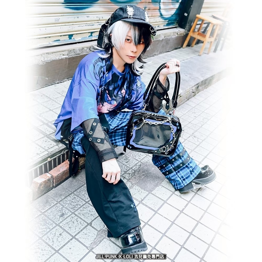 Jillpunk可愛い お宅界隈 アニメ 社交ネコ NEET 自宅警備員 刺繡入り タータンチェック柄 サスペンダー付き ワークポケット ストレートズボン ロングカーゴパンツ オリジナル メンズ レディーズ おしゃれ 男女兼用 ファッション 秋葉系