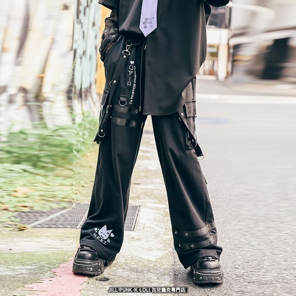 Jillpunk可愛い お宅界隈 アニメ 社交ネコ NEET 自宅警備員 刺繡入り タータンチェック柄 サスペンダー付き ワークポケット ストレートズボン ロングカーゴパンツ オリジナル メンズ レディーズ おしゃれ 男女兼用 ファッション 秋葉系