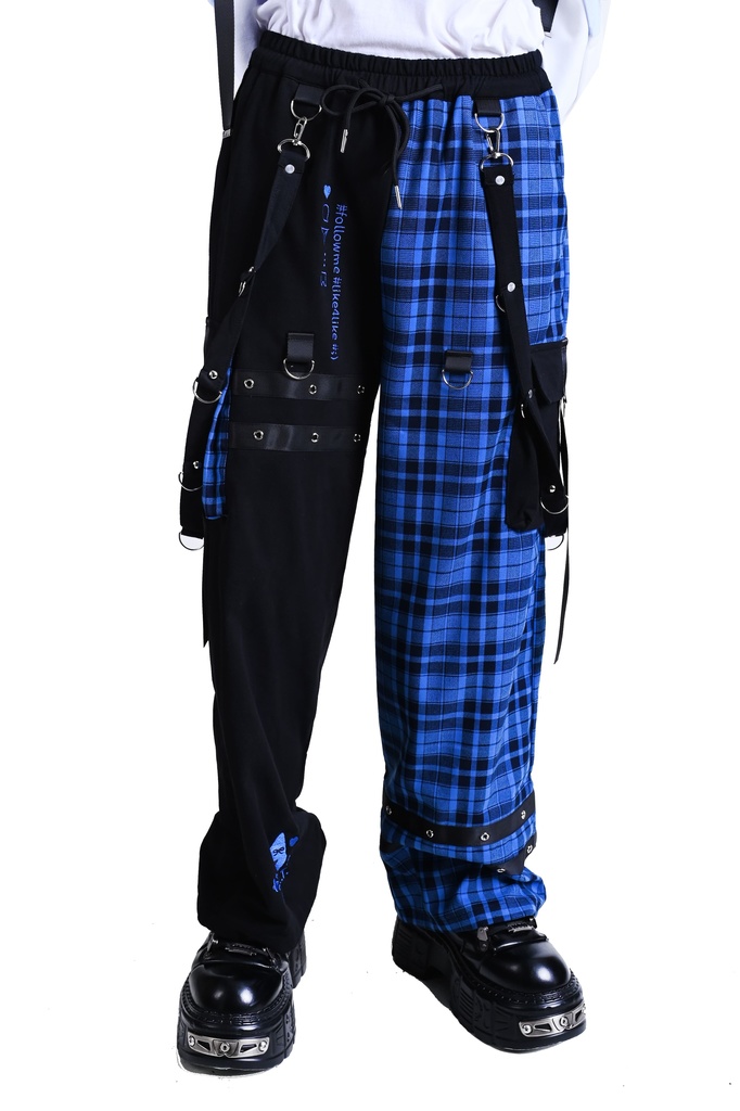 Jillpunk可愛い お宅界隈 アニメ 社交ネコ NEET 自宅警備員 刺繡入り タータンチェック柄 サスペンダー付き ワークポケット ストレートズボン ロングカーゴパンツ オリジナル メンズ レディーズ おしゃれ 男女兼用 ファッション 秋葉系
