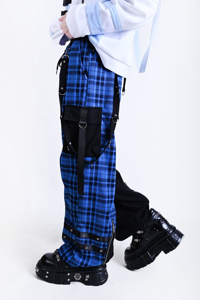 Jillpunk可愛い お宅界隈 アニメ 社交ネコ NEET 自宅警備員 刺繡入り タータンチェック柄 サスペンダー付き ワークポケット ストレートズボン ロングカーゴパンツ オリジナル メンズ レディーズ おしゃれ 男女兼用 ファッション 秋葉系
