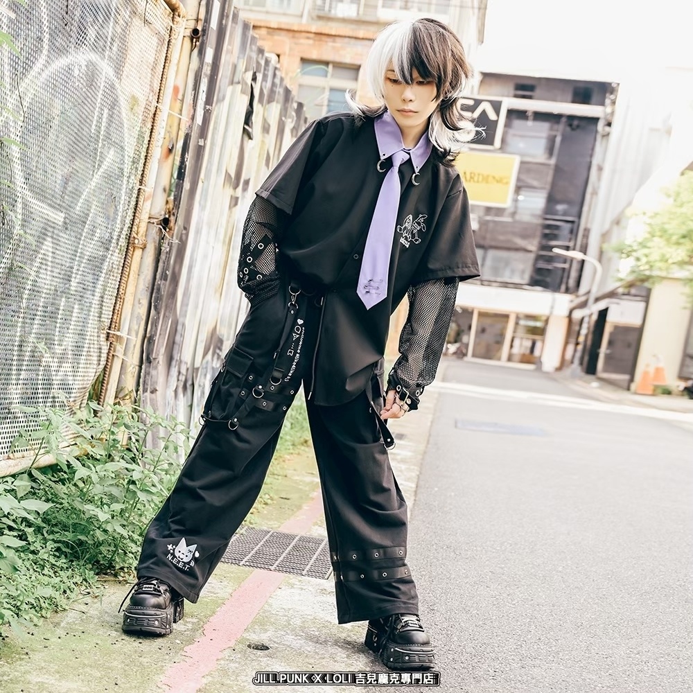 Jillpunk可愛い お宅界隈 アニメ 社交ネコ NEET 自宅警備員 刺繡入り タータンチェック柄 サスペンダー付き ワークポケット ストレートズボン ロングカーゴパンツ オリジナル メンズ レディーズ おしゃれ 男女兼用 ファッション 秋葉系