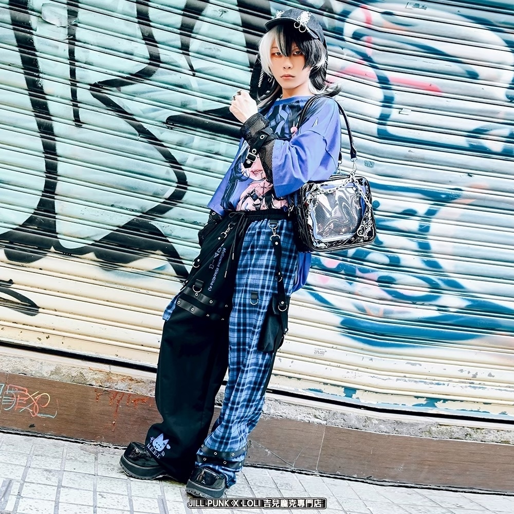 Jillpunk可愛い お宅界隈 アニメ 社交ネコ NEET 自宅警備員 刺繡入り タータンチェック柄 サスペンダー付き ワークポケット ストレートズボン ロングカーゴパンツ オリジナル メンズ レディーズ おしゃれ 男女兼用 ファッション 秋葉系
