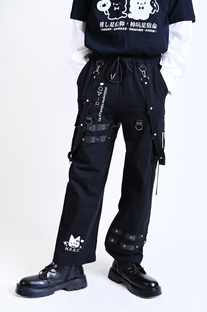 Jillpunk可愛い お宅界隈 アニメ 社交ネコ NEET 自宅警備員 刺繡入り タータンチェック柄 サスペンダー付き ワークポケット ストレートズボン ロングカーゴパンツ オリジナル メンズ レディーズ おしゃれ 男女兼用 ファッション 秋葉系