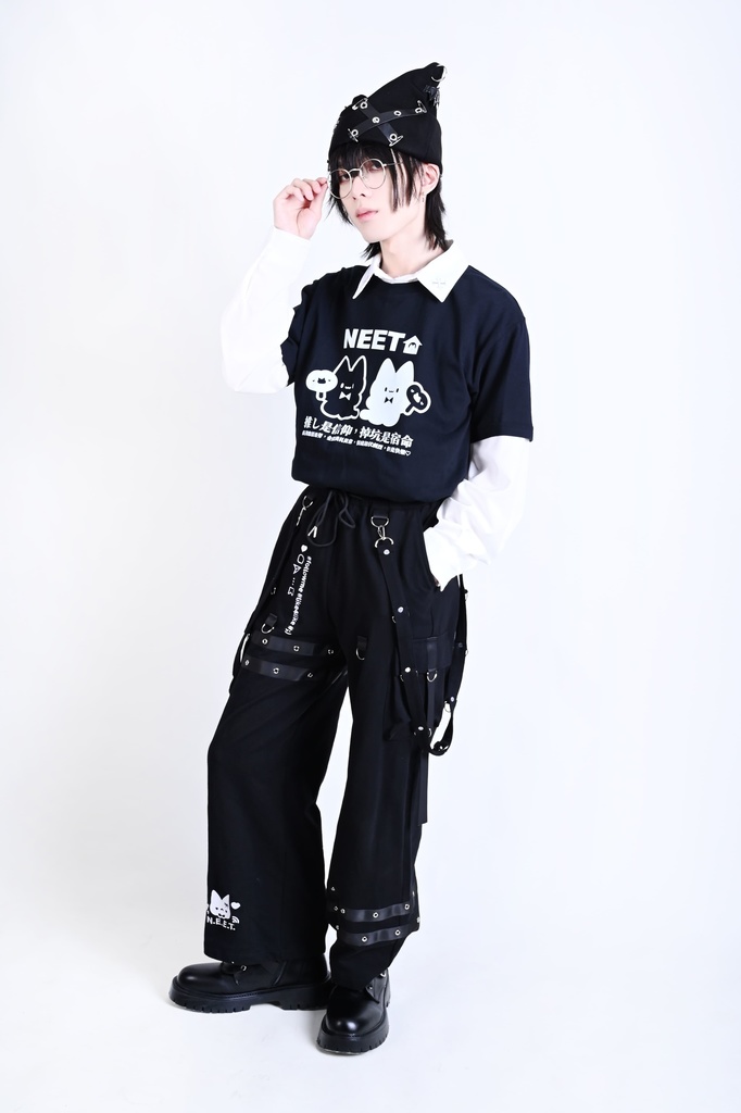 Jillpunk可愛い お宅界隈 アニメ 社交ネコ NEET 自宅警備員 刺繡入り タータンチェック柄 サスペンダー付き ワークポケット ストレートズボン ロングカーゴパンツ オリジナル メンズ レディーズ おしゃれ 男女兼用 ファッション 秋葉系