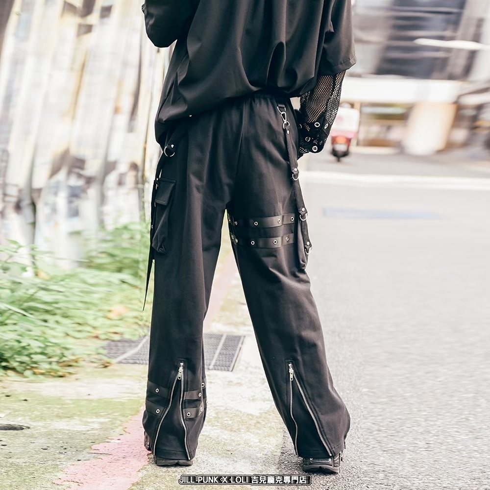 Jillpunk可愛い お宅界隈 アニメ 社交ネコ NEET 自宅警備員 刺繡入り タータンチェック柄 サスペンダー付き ワークポケット ストレートズボン ロングカーゴパンツ オリジナル メンズ レディーズ おしゃれ 男女兼用 ファッション 秋葉系