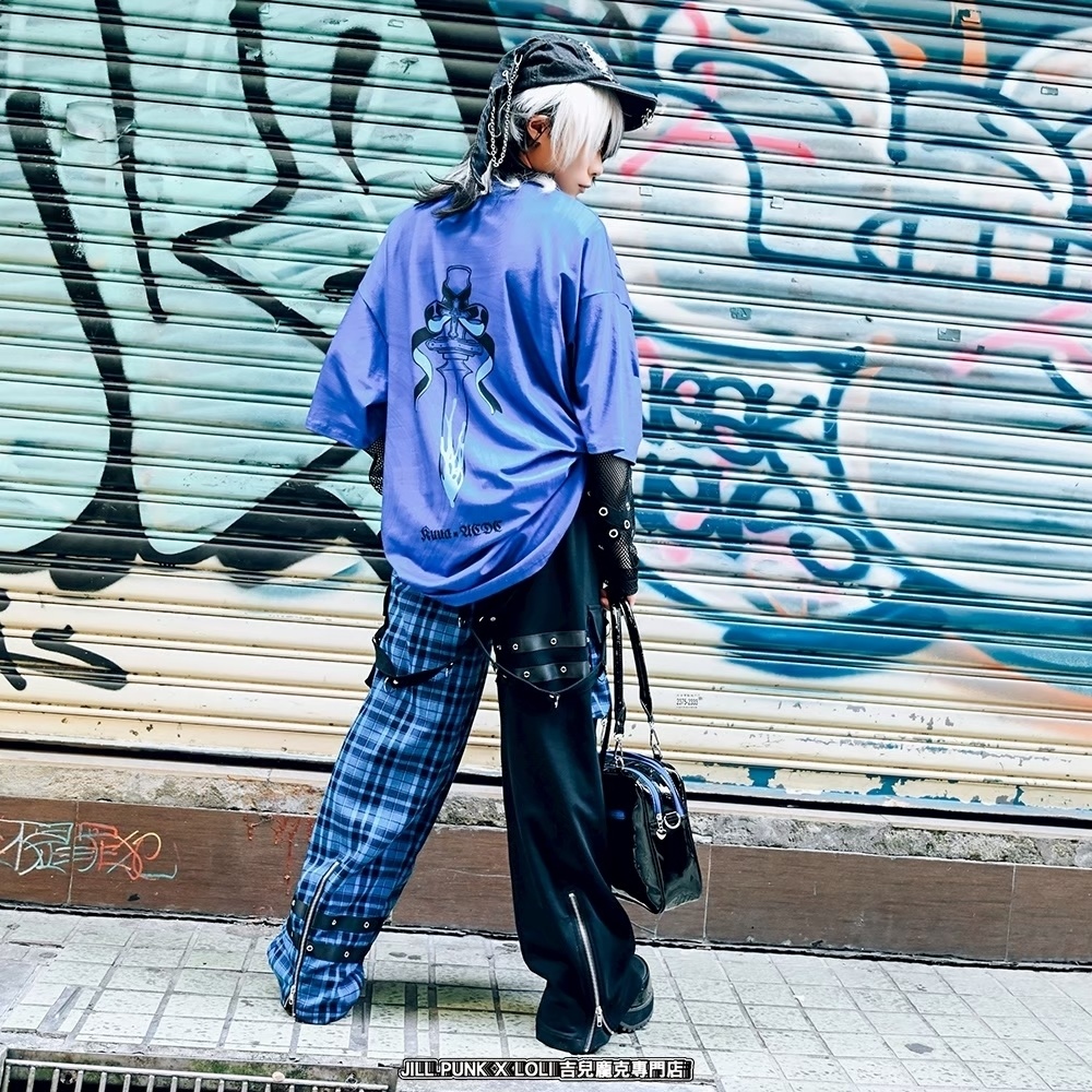 Jillpunk可愛い お宅界隈 アニメ 社交ネコ NEET 自宅警備員 刺繡入り タータンチェック柄 サスペンダー付き ワークポケット ストレートズボン ロングカーゴパンツ オリジナル メンズ レディーズ おしゃれ 男女兼用 ファッション 秋葉系