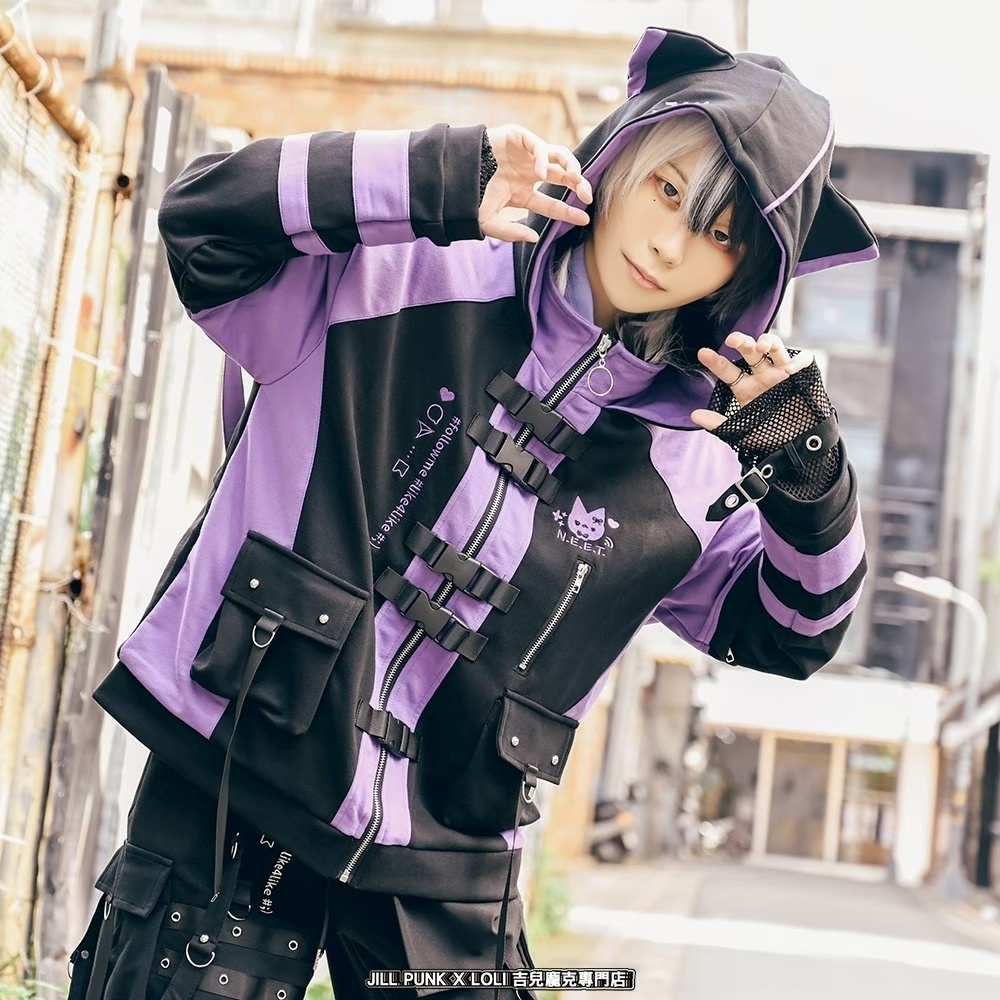 Jillpunk可愛い お宅界隈 アニメ 社交ネコ NEET 自宅警備員 刺繡入り バックルベルト付き ワークスペック ゆったり 猫耳フード付きジャケット ジップアップパーカー オリジナル メンズ レディーズ おしゃれ 秋葉系