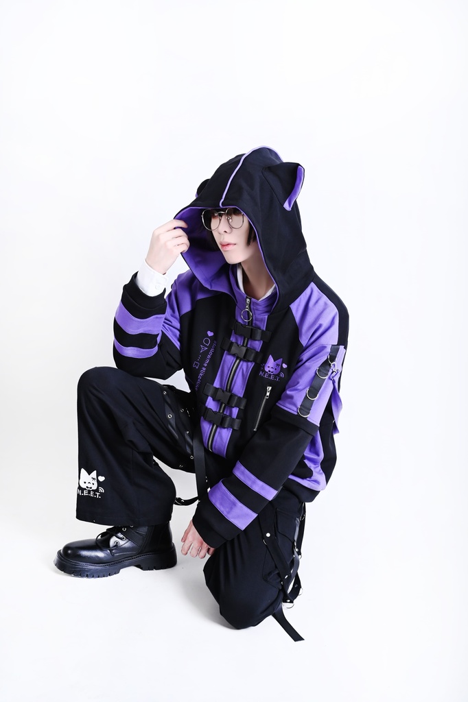 Jillpunk可愛い お宅界隈 アニメ 社交ネコ NEET 自宅警備員 刺繡入り バックルベルト付き ワークスペック ゆったり 猫耳フード付きジャケット ジップアップパーカー オリジナル メンズ レディーズ おしゃれ 秋葉系