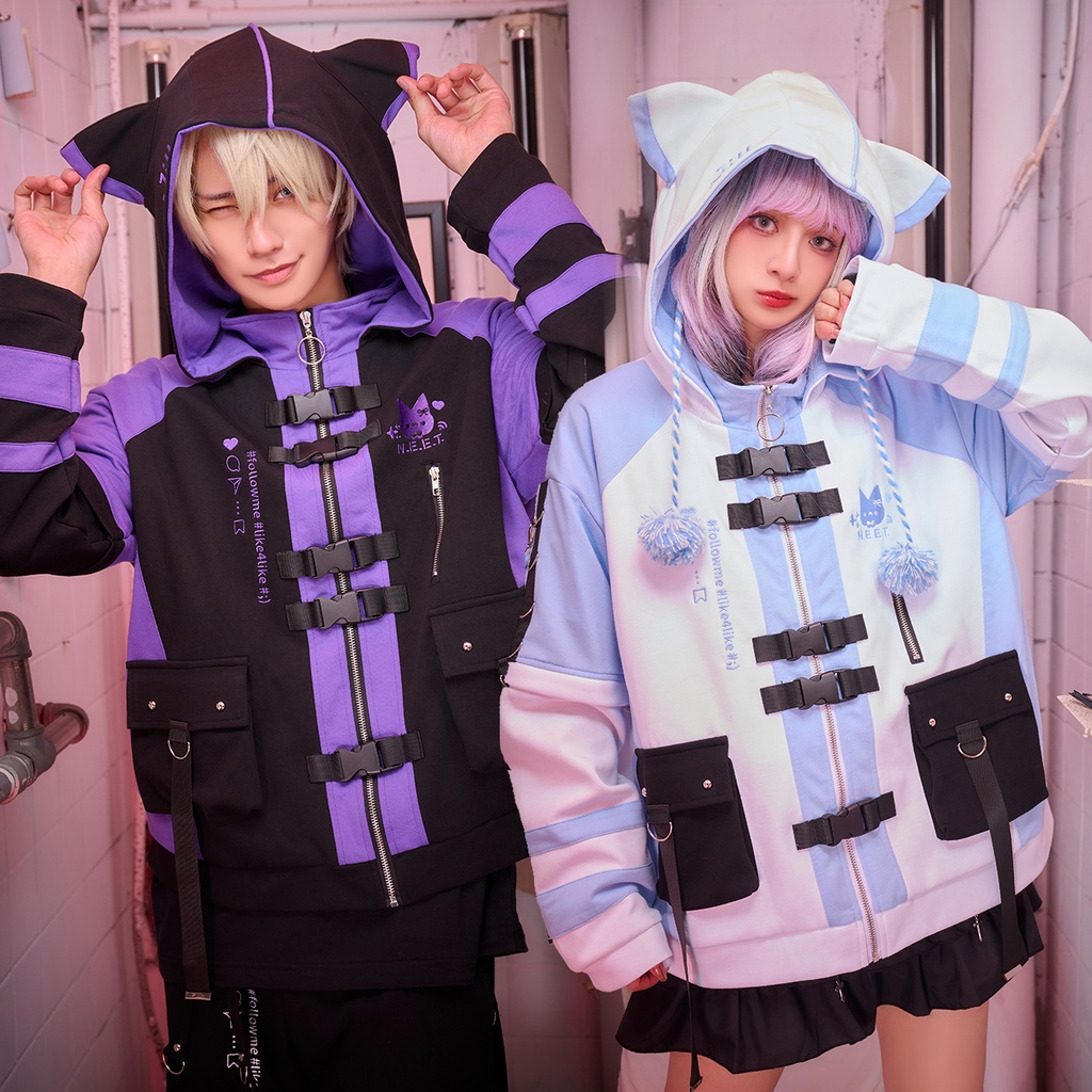 Jillpunk可愛い お宅界隈 アニメ 社交ネコ NEET 自宅警備員 刺繡入り バックルベルト付き ワークスペック ゆったり 猫耳フード付きジャケット ジップアップパーカー オリジナル メンズ レディーズ おしゃれ 秋葉系