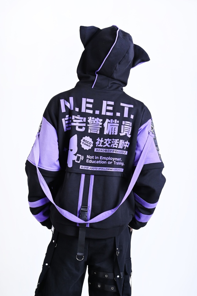 Jillpunk可愛い お宅界隈 アニメ 社交ネコ NEET 自宅警備員 刺繡入り バックルベルト付き ワークスペック ゆったり 猫耳フード付きジャケット ジップアップパーカー オリジナル メンズ レディーズ おしゃれ 秋葉系