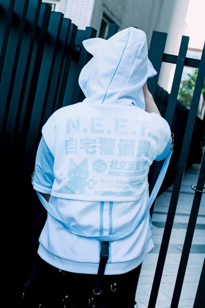 Jillpunk可愛い お宅界隈 アニメ 社交ネコ NEET 自宅警備員 刺繡入り バックルベルト付き ワークスペック ゆったり 猫耳フード付きジャケット ジップアップパーカー オリジナル メンズ レディーズ おしゃれ 秋葉系