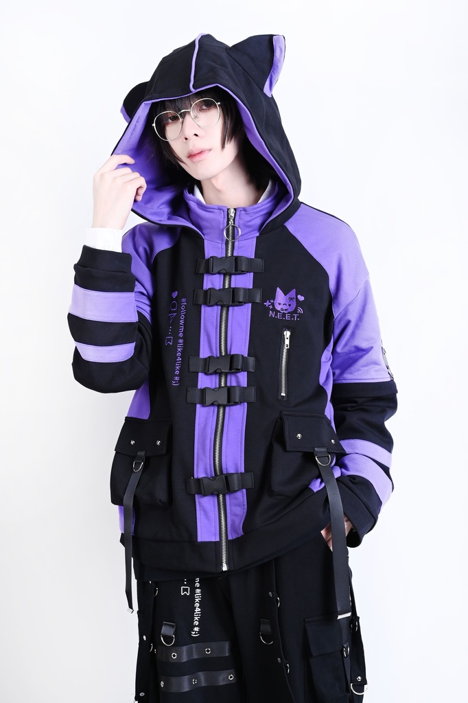 Jillpunk可愛い お宅界隈 アニメ 社交ネコ NEET 自宅警備員 刺繡入り バックルベルト付き ワークスペック ゆったり 猫耳フード付きジャケット ジップアップパーカー オリジナル メンズ レディーズ おしゃれ 秋葉系