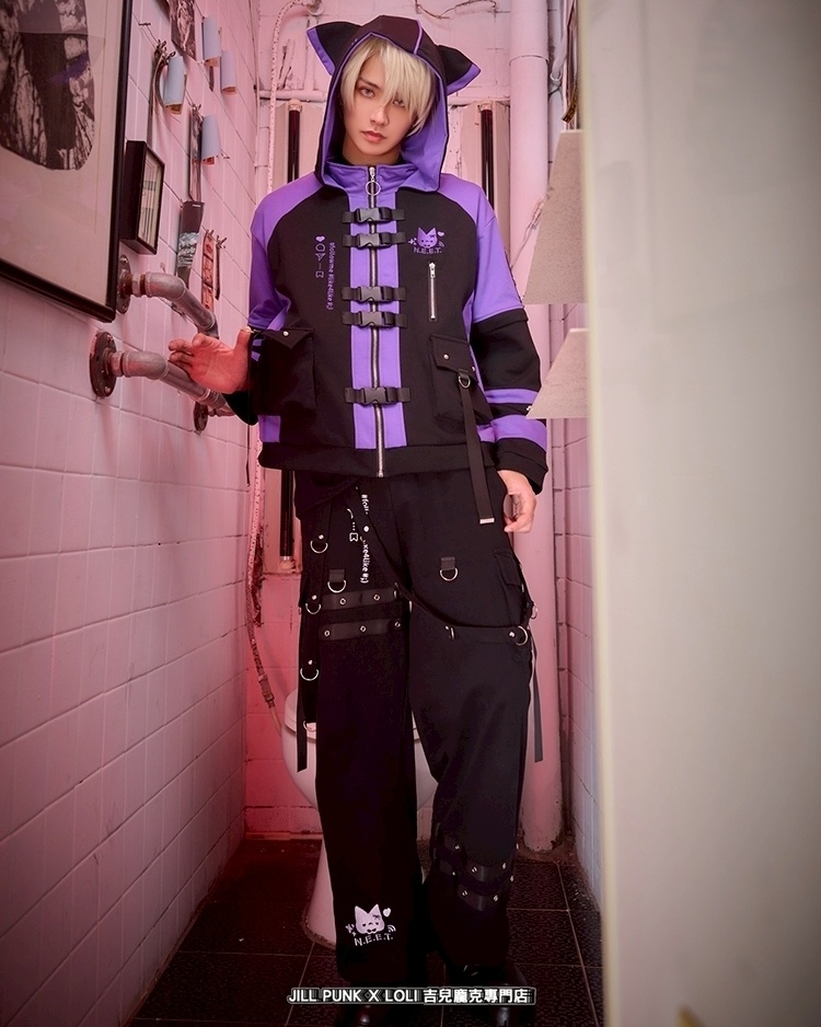 Jillpunk可愛い お宅界隈 アニメ 社交ネコ NEET 自宅警備員 刺繡入り バックルベルト付き ワークスペック ゆったり 猫耳フード付きジャケット ジップアップパーカー オリジナル メンズ レディーズ おしゃれ 秋葉系