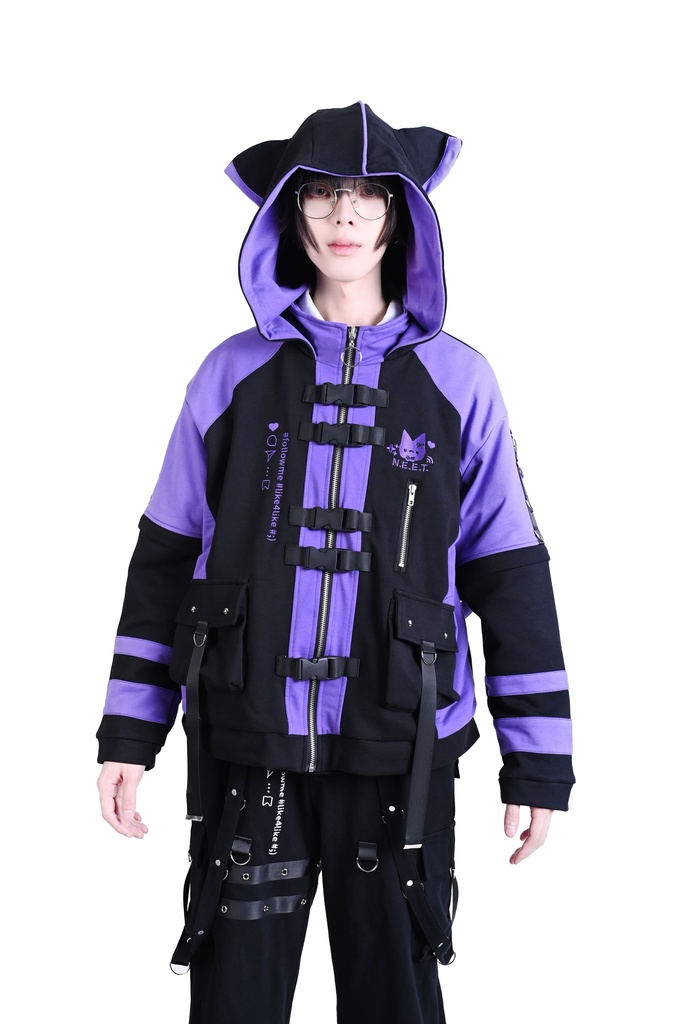 Jillpunk可愛い お宅界隈 アニメ 社交ネコ NEET 自宅警備員 刺繡入り バックルベルト付き ワークスペック ゆったり 猫耳フード付きジャケット ジップアップパーカー オリジナル メンズ レディーズ おしゃれ 秋葉系