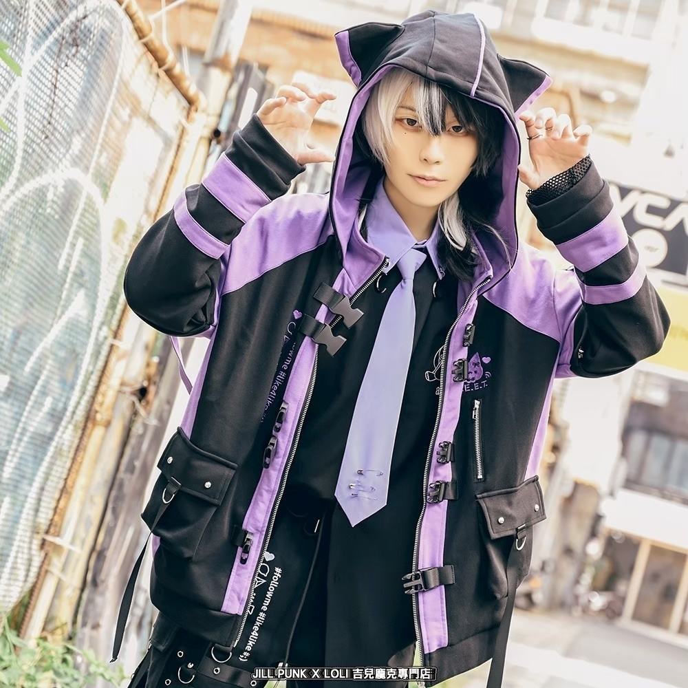 Jillpunk可愛い お宅界隈 アニメ 社交ネコ NEET 自宅警備員 刺繡入り バックルベルト付き ワークスペック ゆったり 猫耳フード付きジャケット ジップアップパーカー オリジナル メンズ レディーズ おしゃれ 秋葉系