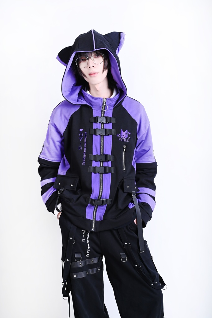 Jillpunk可愛い お宅界隈 アニメ 社交ネコ NEET 自宅警備員 刺繡入り バックルベルト付き ワークスペック ゆったり 猫耳フード付きジャケット ジップアップパーカー オリジナル メンズ レディーズ おしゃれ 秋葉系