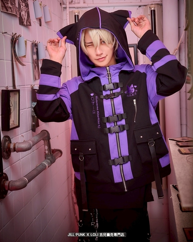 Jillpunk可愛い お宅界隈 アニメ 社交ネコ NEET 自宅警備員 刺繡入り バックルベルト付き ワークスペック ゆったり 猫耳フード付きジャケット ジップアップパーカー オリジナル メンズ レディーズ おしゃれ 秋葉系