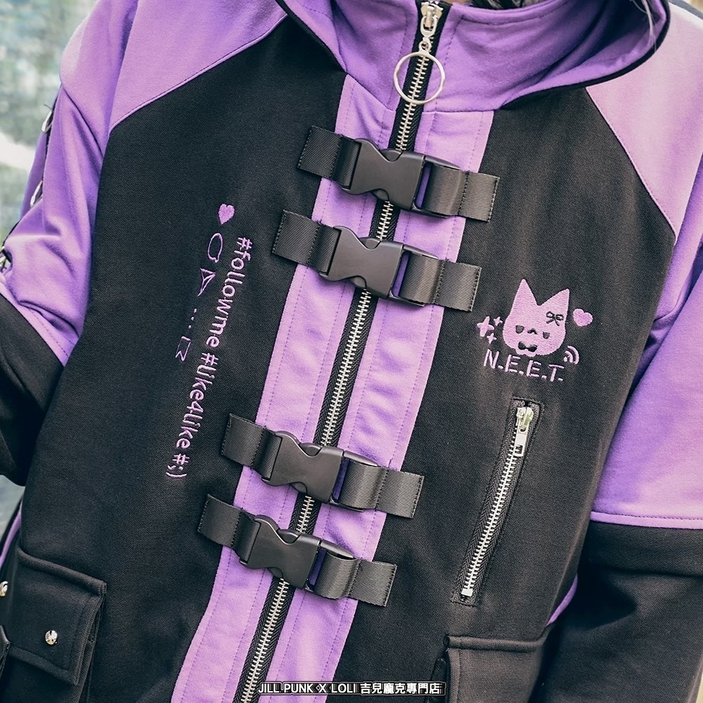 Jillpunk可愛い お宅界隈 アニメ 社交ネコ NEET 自宅警備員 刺繡入り バックルベルト付き ワークスペック ゆったり 猫耳フード付きジャケット ジップアップパーカー オリジナル メンズ レディーズ おしゃれ 秋葉系
