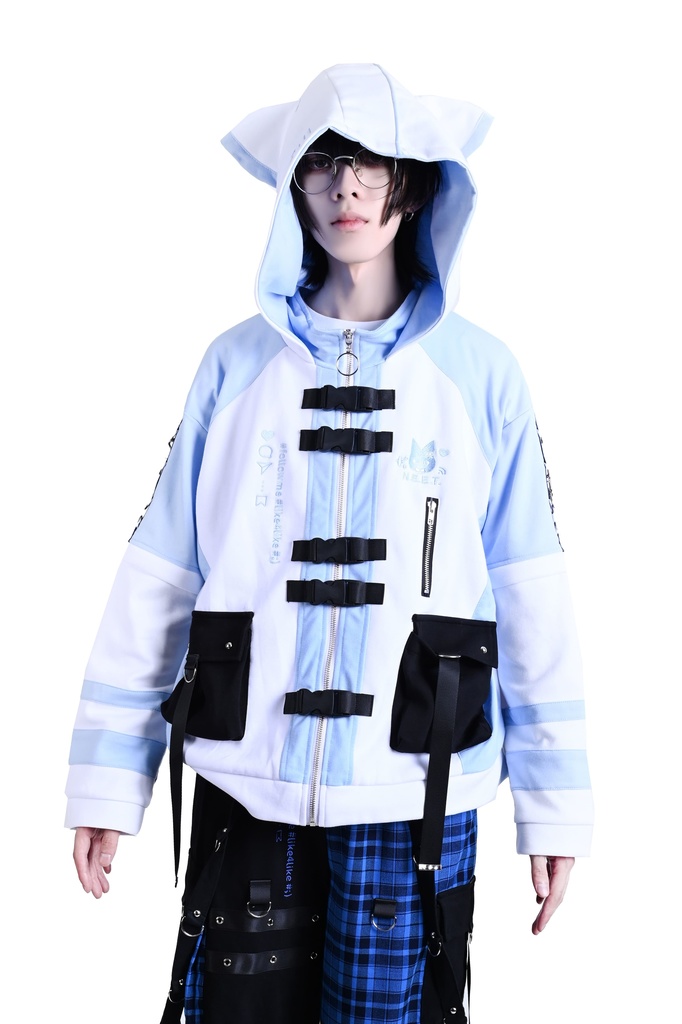 Jillpunk可愛い お宅界隈 アニメ 社交ネコ NEET 自宅警備員 刺繡入り バックルベルト付き ワークスペック ゆったり 猫耳フード付きジャケット ジップアップパーカー オリジナル メンズ レディーズ おしゃれ 秋葉系