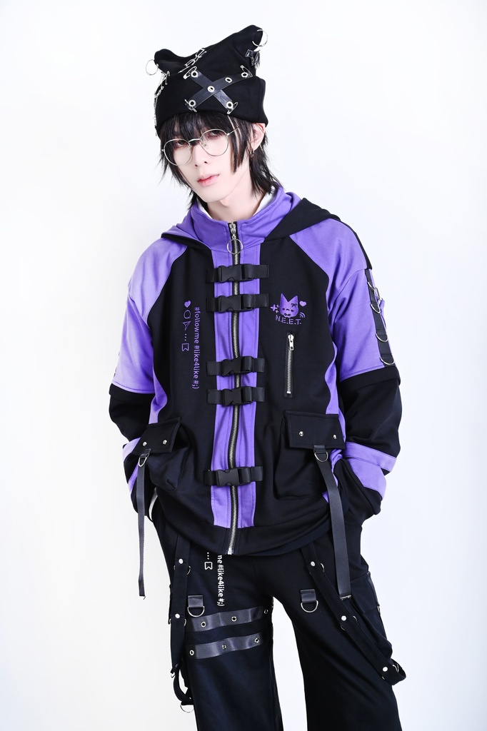 Jillpunk可愛い お宅界隈 アニメ 社交ネコ NEET 自宅警備員 刺繡入り バックルベルト付き ワークスペック ゆったり 猫耳フード付きジャケット ジップアップパーカー オリジナル メンズ レディーズ おしゃれ 秋葉系