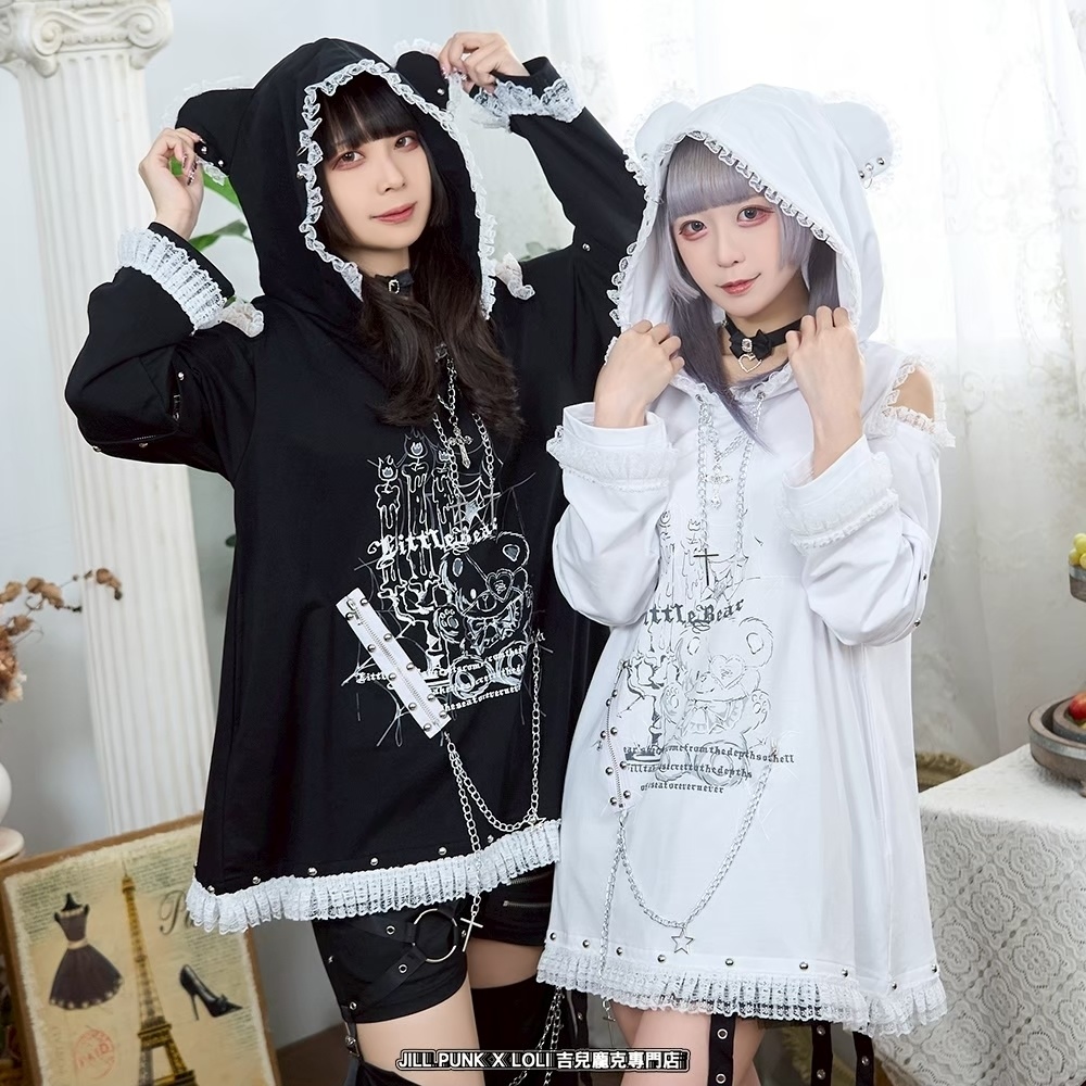 Jillpunk可愛いパンク 原宿系 クール感 司書熊さん フリル レースヘム コルセットピアス オフショルダー肩出し 取り外し可能な袖 2waý熊耳パーカー オリジナル メンズ レディーズ おしゃれ 男女兼用 ファッション