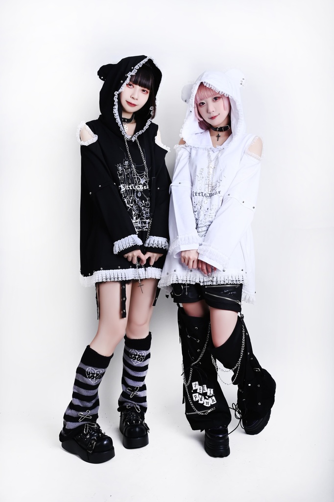 Jillpunk可愛いパンク 原宿系 クール感 司書熊さん フリル レースヘム コルセットピアス オフショルダー肩出し 取り外し可能な袖 2waý熊耳パーカー オリジナル メンズ レディーズ おしゃれ 男女兼用 ファッション