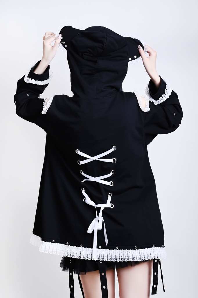 Jillpunk可愛いパンク 原宿系 クール感 司書熊さん フリル レースヘム コルセットピアス オフショルダー肩出し 取り外し可能な袖 2waý熊耳パーカー オリジナル メンズ レディーズ おしゃれ 男女兼用 ファッション