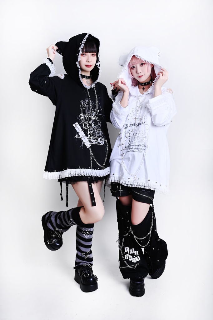Jillpunk可愛いパンク 原宿系 クール感 司書熊さん フリル レースヘム コルセットピアス オフショルダー肩出し 取り外し可能な袖 2waý熊耳パーカー オリジナル メンズ レディーズ おしゃれ 男女兼用 ファッション