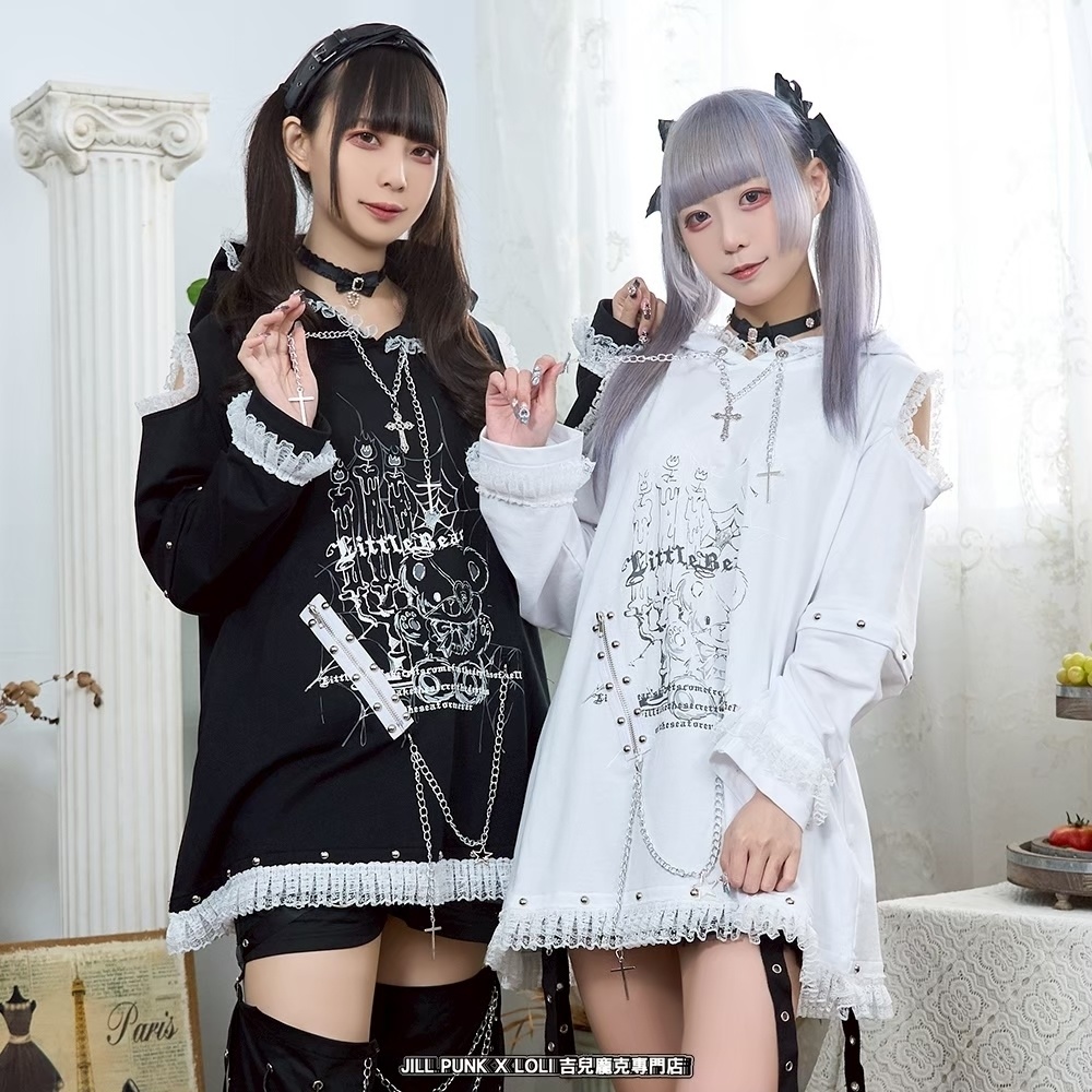 Jillpunk可愛いパンク 原宿系 クール感 司書熊さん フリル レースヘム コルセットピアス オフショルダー肩出し 取り外し可能な袖 2waý熊耳パーカー オリジナル メンズ レディーズ おしゃれ 男女兼用 ファッション