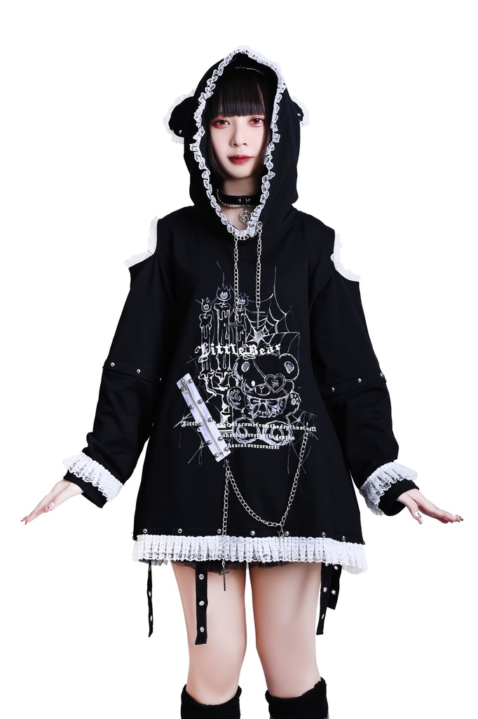 Jillpunk可愛いパンク 原宿系 クール感 司書熊さん フリル レースヘム コルセットピアス オフショルダー肩出し 取り外し可能な袖 2waý熊耳パーカー オリジナル メンズ レディーズ おしゃれ 男女兼用 ファッション