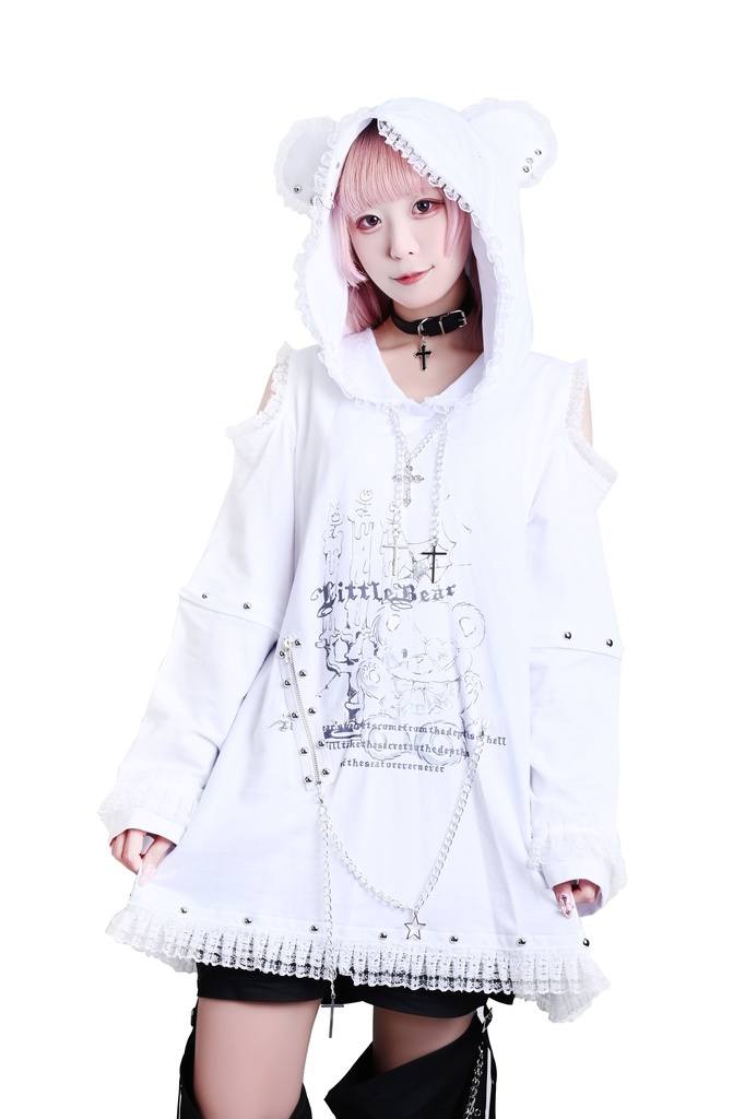 Jillpunk可愛いパンク 原宿系 クール感 司書熊さん フリル レースヘム コルセットピアス オフショルダー肩出し 取り外し可能な袖 2waý熊耳パーカー オリジナル メンズ レディーズ おしゃれ 男女兼用 ファッション
