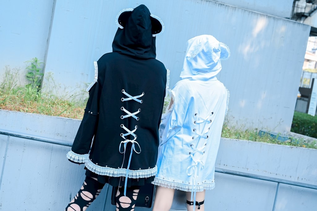 Jillpunk可愛いパンク 原宿系 クール感 司書熊さん フリル レースヘム コルセットピアス オフショルダー肩出し 取り外し可能な袖 2waý熊耳パーカー オリジナル メンズ レディーズ おしゃれ 男女兼用 ファッション