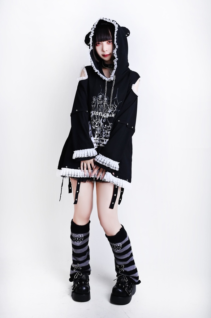 Jillpunk可愛いパンク 原宿系 クール感 司書熊さん フリル レースヘム コルセットピアス オフショルダー肩出し 取り外し可能な袖 2waý熊耳パーカー オリジナル メンズ レディーズ おしゃれ 男女兼用 ファッション