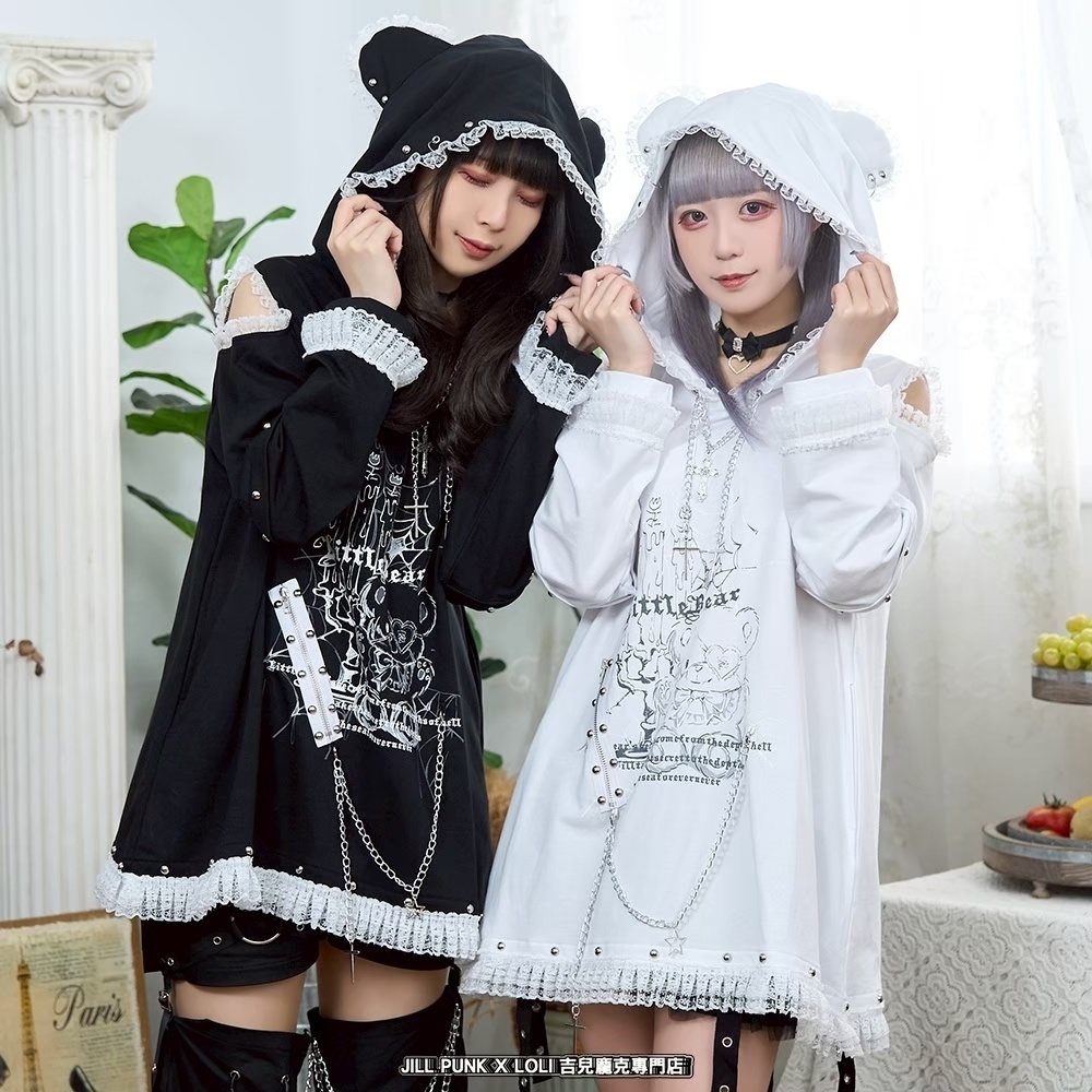 Jillpunk可愛いパンク 原宿系 クール感 司書熊さん フリル レースヘム コルセットピアス オフショルダー肩出し 取り外し可能な袖 2waý熊耳パーカー オリジナル メンズ レディーズ おしゃれ 男女兼用 ファッション