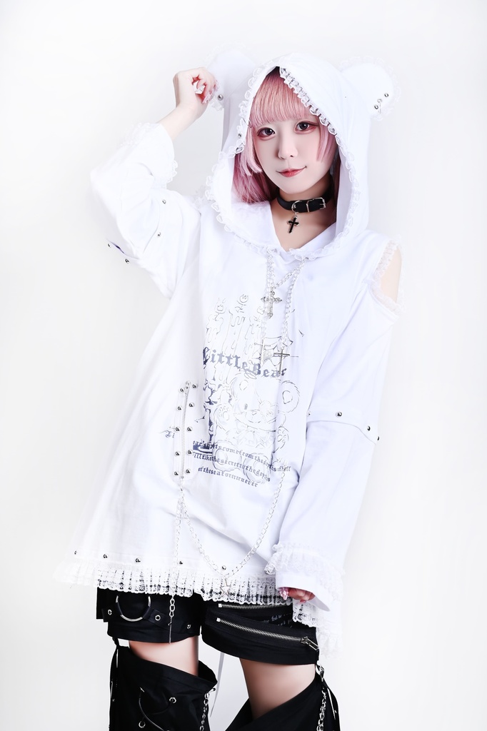 Jillpunk可愛いパンク 原宿系 クール感 司書熊さん フリル レースヘム コルセットピアス オフショルダー肩出し 取り外し可能な袖 2waý熊耳パーカー オリジナル メンズ レディーズ おしゃれ 男女兼用 ファッション