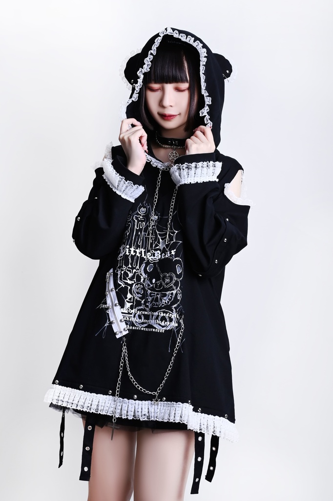 Jillpunk可愛いパンク 原宿系 クール感 司書熊さん フリル レースヘム コルセットピアス オフショルダー肩出し 取り外し可能な袖 2waý熊耳パーカー オリジナル メンズ レディーズ おしゃれ 男女兼用 ファッション