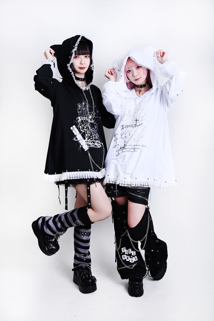 Jillpunk可愛いパンク 原宿系 クール感 司書熊さん フリル レースヘム コルセットピアス オフショルダー肩出し 取り外し可能な袖 2waý熊耳パーカー オリジナル メンズ レディーズ おしゃれ 男女兼用 ファッション