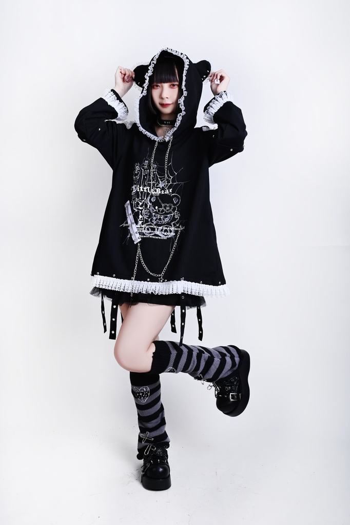 Jillpunk可愛いパンク 原宿系 クール感 司書熊さん フリル レースヘム コルセットピアス オフショルダー肩出し 取り外し可能な袖 2waý熊耳パーカー オリジナル メンズ レディーズ おしゃれ 男女兼用 ファッション