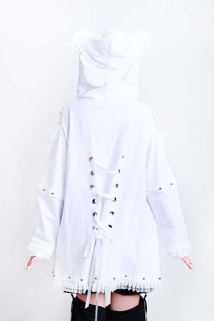 Jillpunk可愛いパンク 原宿系 クール感 司書熊さん フリル レースヘム コルセットピアス オフショルダー肩出し 取り外し可能な袖 2waý熊耳パーカー オリジナル メンズ レディーズ おしゃれ 男女兼用 ファッション